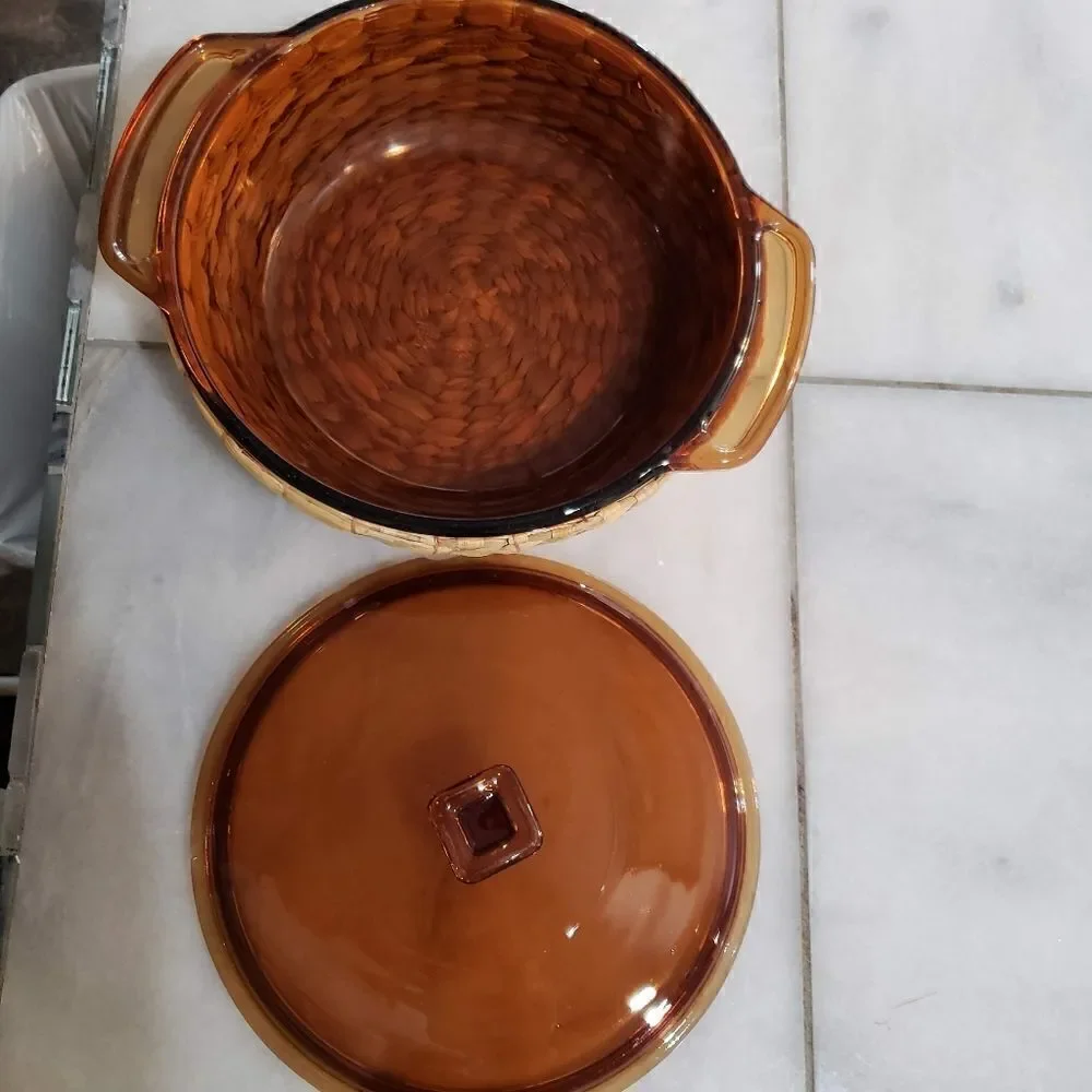 Vintage Anchor Ovenware Amber Brown Casserole Dish w/Lid & Basket 1.5 Qt